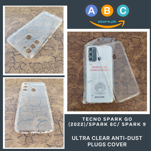 Tecno Spark Go (2022)/ Spark 8C/ Spark 9 Case, Soft TPU with Dust Plugs (NO Corner Bumpers) Ultra Clear Back Cover