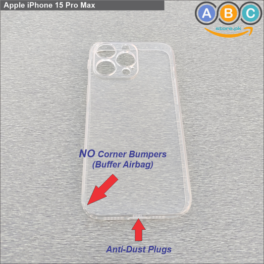 Apple iPhone 15 Pro Max Case, Soft TPU Ultra-Clear with Dust Plugs (NO Corner Bumpers) Back Cover