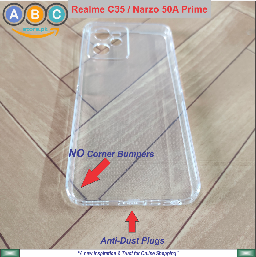 Realme C35 / Narzo 50A Prime Case, Soft TPU with Dust Plugs (NO Corner Bumpers) Ultra Clear Back Cover