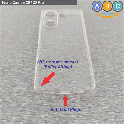 Tecno Camon 20/20 Pro Case, Soft TPU with Dust Plugs (NO Corner Bumpers) Ultra Clear Back Cover